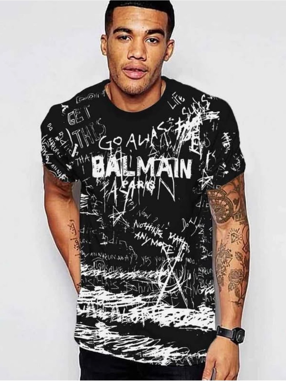 Balmain Black Tee with White Scribble Graphic